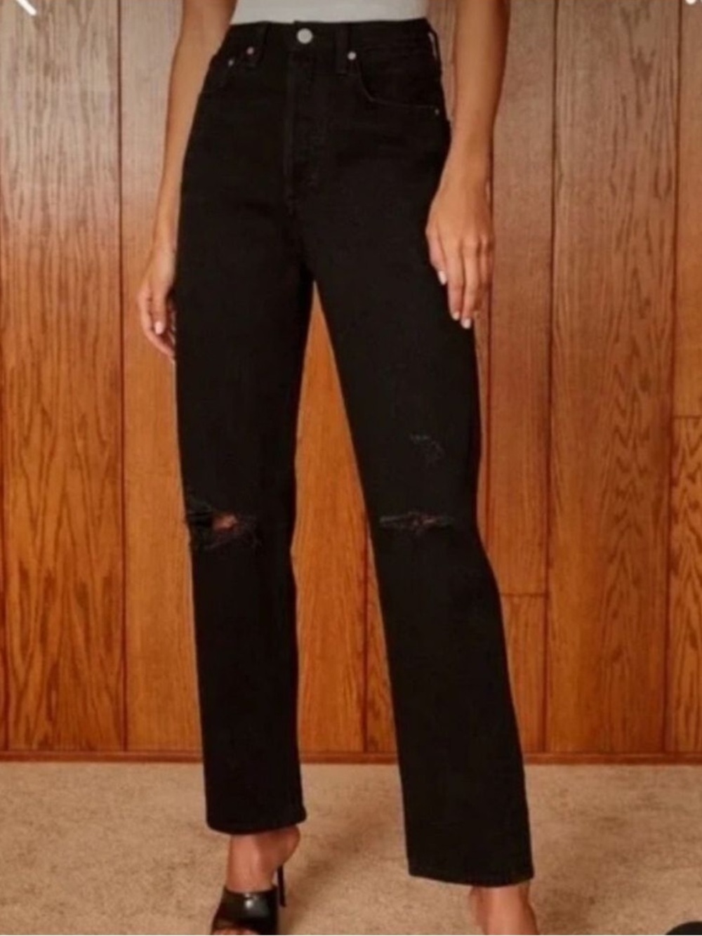 Aritzia Denim Forum The Joni High Rise Ripped Loose Black Straight Leg Jeans 27